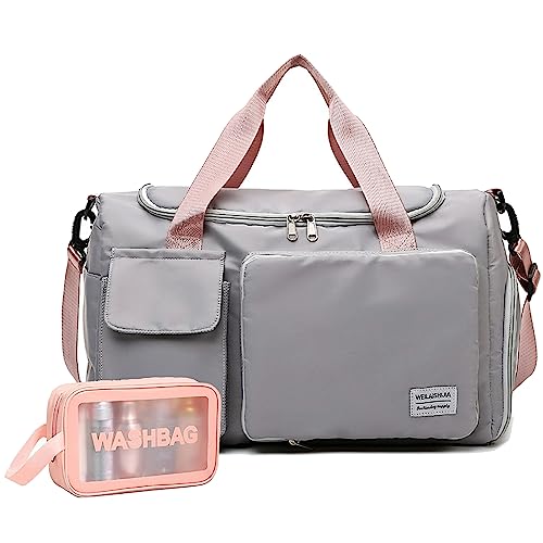 Travel Bag, Large Capacity Folding Travel Bag, Sports Gym Bag with Wet Pocket & Shoes Compartment, Foldable Travel Duffel Bag, Weekender Overnight Bag for Women and Man - color: Grey+Toiletry Bag