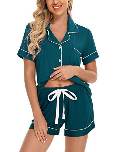 Senert Womens Pajamas Set Short Sleeve Sleepwear - color: A Green With Line, size: Medium