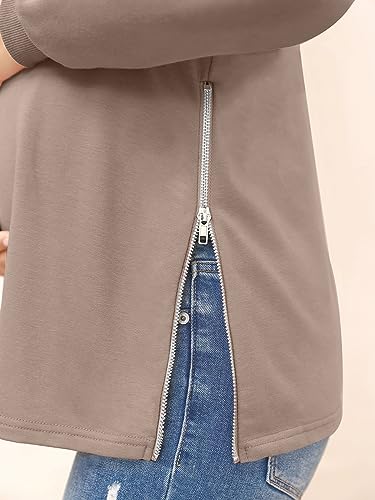 Women's Maternity Shirts Long Sleeve Sweatshirt Zipper Split Side Pregnancy Casual Tunic Top - color: Brown, size: Medium