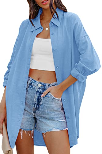 FSHAOES Womens Oversized Button Down Shirts Casual Loose Long Sleeve Solid Lapel Long Blouses Tops with Pockets - color: 03-sky Blue, size: Medium