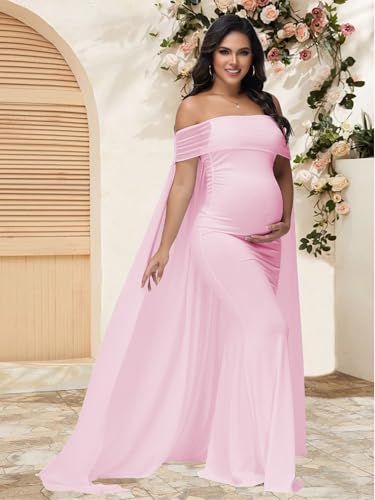 Maternity Mesh Off Shoulder Chiffon Cloak Maxi Photoshoot Dress - color: Pink, size: Medium