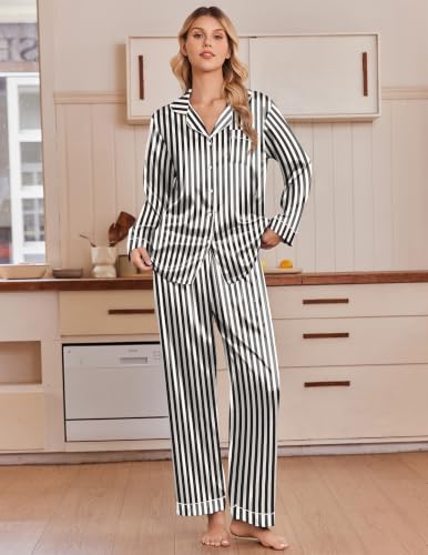 Ekouaer Silk Satin Pajamas for Womens Button Up Long Sleeve Pjs Lounge Set - color: Black Champagne Stripe, size: X-Large