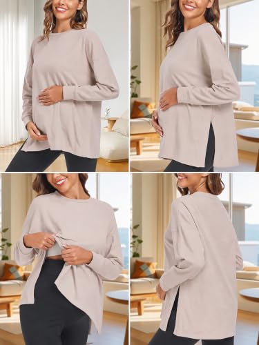 Ecavus Women's Maternity Shirts Long Sleeve Side Split Pregnancy Top - color: Apricot+grey+black, size: Medium