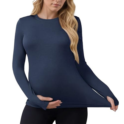 Women Maternity Stretchy Fitted Crew Neck Long Workout Tops - color: Navy Blue, size: Small