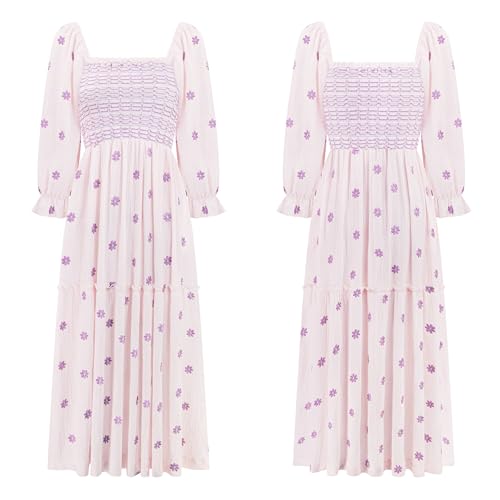 R.Vivimos Women's Cotton Floral Embroidered Boho Midi Dress with Pockets - color: Light Pink, size: Large