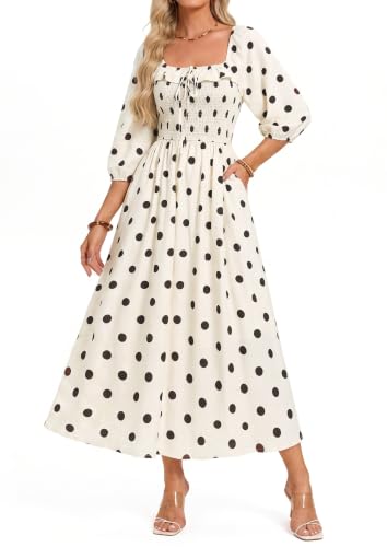 Kate Kasin Womens Summer Fall Boho Maxi Wedding Guest Dresses with Pockets - color: White and Black Polka Dots, size: Large