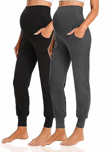 V VOCNI Women's Maternity Joggers Pants Pregnancy Sweatpants - color: A-black/Dark Grey, size: Small
