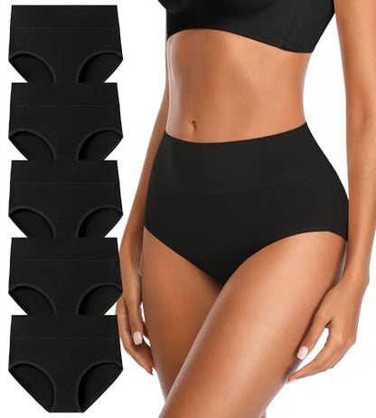 Womens Mid High Waisted Cotton Underwear Breathable Briefs Panties 5 Pack - color: Black-5 Pack-01-c, size: XX-Large