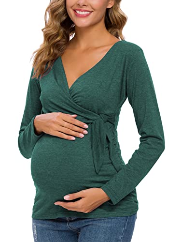 Glampunch Maternity Shirts Short & Long Sleeve Wrap Maternity Tops - color: 05-hunter Green, size: Medium