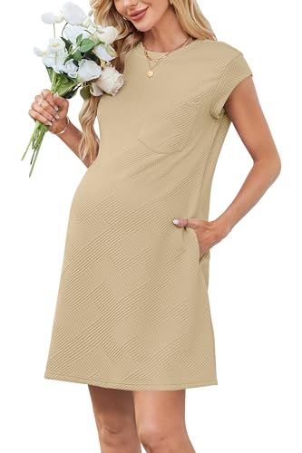 OUGES Women's Summer Casual Cap Sleeve Mini Maternity Dress with Pockets - color: Dark Apricot, size: X-Large