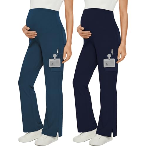 2 Pack Women's Maternity Wide Leg Cargo Scrub Pants - color: Emerald Green, Navy Blue, size: Medium
