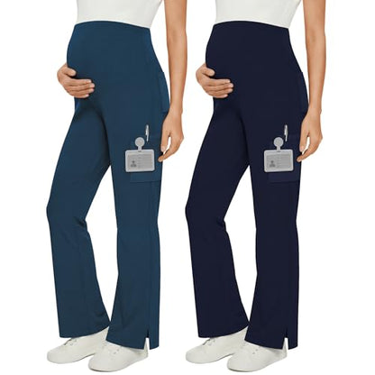 2 Pack Women's Maternity Wide Leg Cargo Scrub Pants - color: Emerald Green, Navy Blue, size: Large