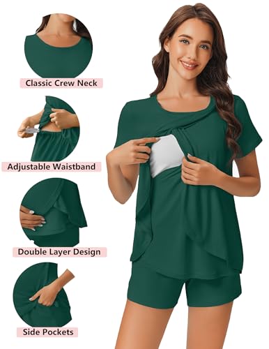 Ekouaer 3 PCS Maternity Nursing Pajamas Set Postpartum Breastfeeding PJS - color: Dark Green, size: XX-Large