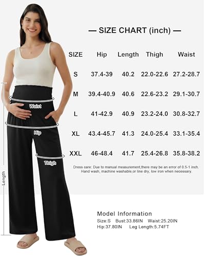 OUGES Womens Lyocell Cotton Maternity Pants Over Belly Smocked Waist Stretchy Casual Wide Leg Palazzo Pants with Pockets - color: Black, size: Large