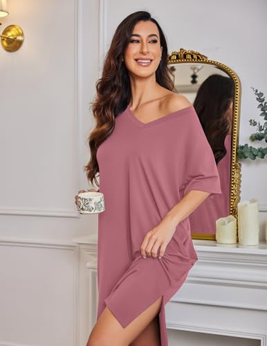 Ekouaer Womens Plus Size Nightgown Bamboo Viscose Short Sleeve Sleepshirt - color: Pink, size: X-Large