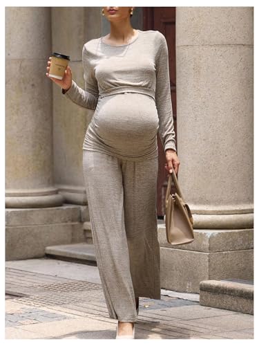 OYOANGLE Women's Maternity Sets 2 Piece Fall Long Sleeve Top and Pants Set - color: Apricot, size: Small