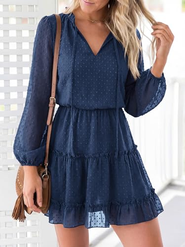 BTFBM Long Sleeve Dress for Women Fall 2026 - color: Dot Navy, size: Small