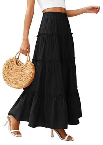 PRETTYGARDEN Women's Boho Tiered Ruffle Flowy Maxi Skirt - color: Black, size: Small