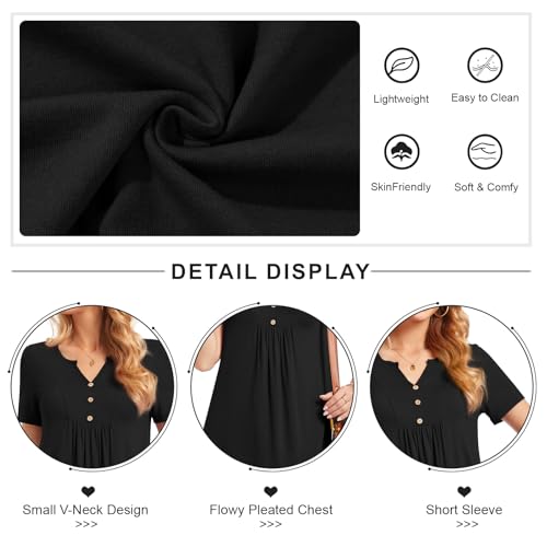 CATHY Womens Short Sleeve Tunic Tops Henley Shirt V Neck Button Up Blouse Casual Pleated Basic Pullover - color: Macaron Fl Grass, size: 3X-Large