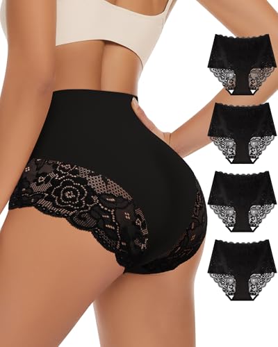 Women's High Waisted Underwear Lace Panties Full Coverage 4 Pack - color: Black, size: XX-Large