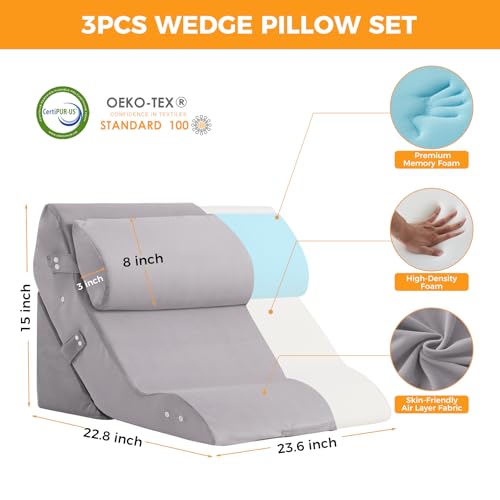 Ruqmuis Wedge Pillow Set for After Surgery, Bed Wedge Pillow, Plush Grey - color: Plush Grey, size: 3pcs