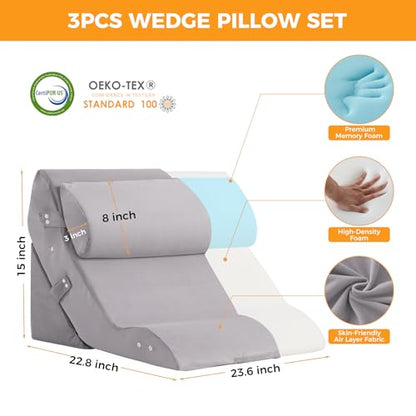 Ruqmuis Wedge Pillow Set for After Surgery, Bed Wedge Pillow, Plush Grey - color: Plush Grey, size: 3pcs