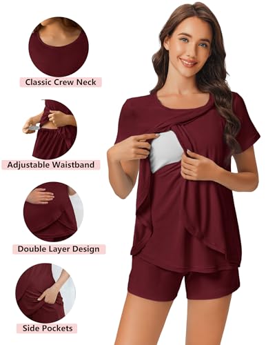 Ekouaer 3 PCS Maternity Nursing Pajamas Set Postpartum Breastfeeding PJS - color: Wine Red, size: Medium