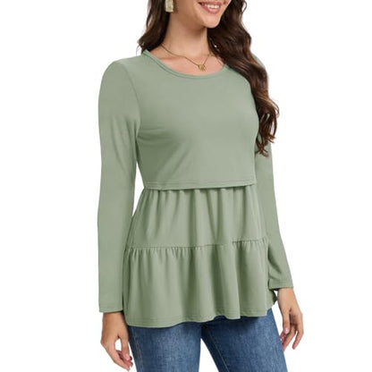 Bearsland Long Sleeve Nursing Top - color: Gray Green & Glacier Blue & Pink Rose, size: Medium