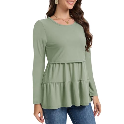 Bearsland Long Sleeve Nursing Top - color: Gray Green & Glacier Blue & Pink Rose, size: Large