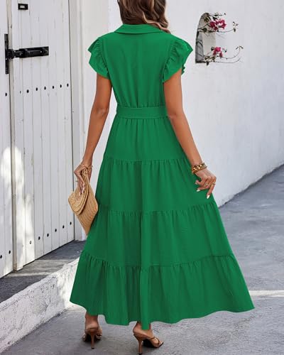 dowerme Women Ruffle Sleeve Button Belted Boho Maxi Dress - color: Bright Green, size: Large