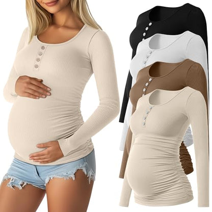 4 Pack Maternity Long Sleeve Shirts Pregnancy Tops - color: Black, White, Light Coffee, Apricot, size: Large