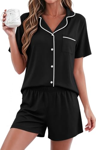 Pajamas for Women Set Button Down Short Sleeve Sleepwear Bride Pjs XS-XXL - color: Black, size: X-Small
