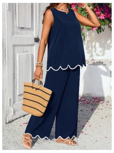 RoseSeek Women's Maternity 2 Piece Outfits Tank Top and Wide Leg Pants - color: Deep Blue, size: Medium