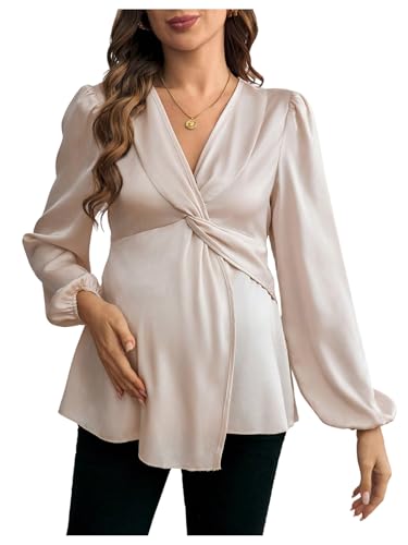 MakeMeChic Women's Maternity Shirts Blouse Satin Work Clothes Babydoll Tops - color: Apricot, size: X-Large