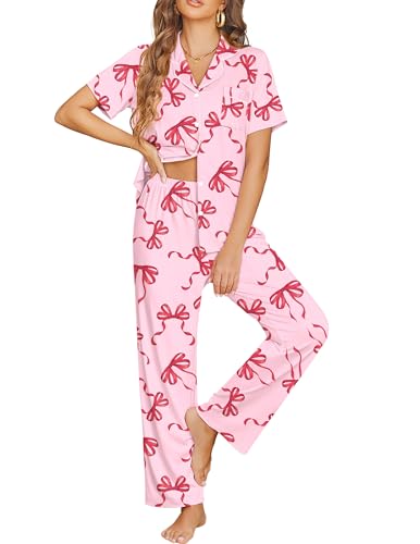 Ekouaer Womens Pajama Sets Button Down Lounge Sets 2 Piece Short Sleeve Pjs - color: Bow, size: X-Large