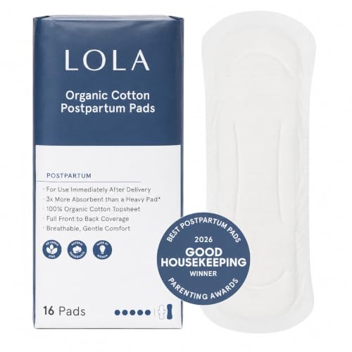 LOLA Organic Cotton Postpartum Pads, 32 Count, Unscented