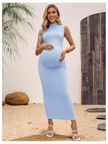 OYOANGLE Women's Maternity Mock Neck Sleeveless Ruched Bodycon Maxi Dress - color: Blue, size: Medium