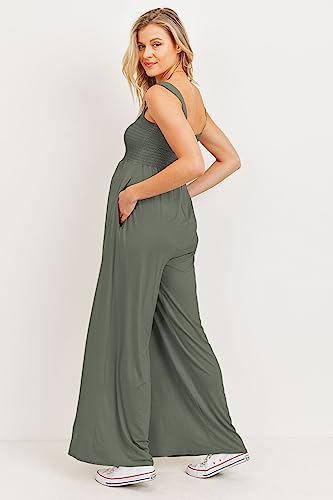 Women's Maternity Sleeveless Jumpsuit Romper with Smocked neck and pockets - color: Green, size: Medium