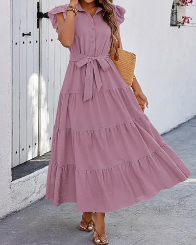dowerme Women Ruffle Sleeve Button Belted Boho Maxi Dress - color: Light Purple, size: XX-Large