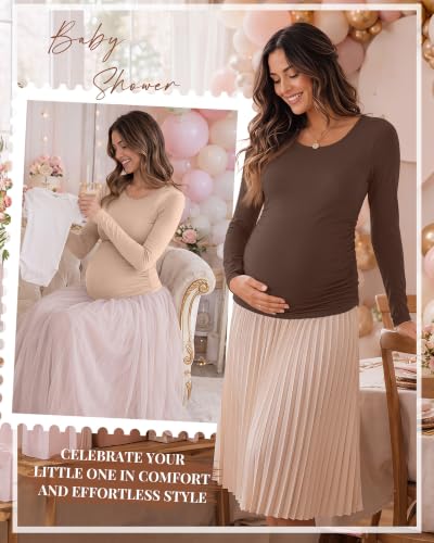 Huukeay 4 Pack Women's Maternity T-Shirts Long Sleeve Shirts - color: Black, Coffee, Khaki, Apricot, size: Small