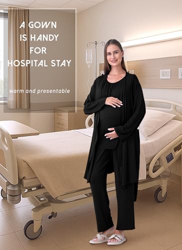 Rnxrbb 3 PCS Nursing Pajamas Robe Set Maternity Postpartum Pjs for Hospital - color: Black, size: Small