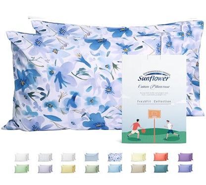 Sunflower Queen Pillowcases Set of 2, 100% Cotton Pillow Cases, Blue Bloom - color: Blue Bloom, size: Queen (20"x30")