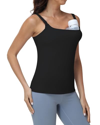Foucome Nursing Tank Tops Stretch Nursing Cami with Built in Bra - color: Black, size: Large