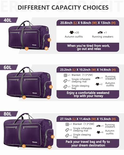 Gonex 80L Foldable Travel Duffle Bag with Shoe Compartment, Lightweight - color: Purple, size: 80L
