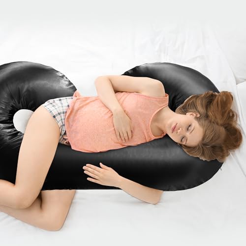 BALAPET Silky Satin Pregnancy Pillow Cover (ONLY Pillowcase), C Shaped Large Luxurious Smooth Maternity Pillow Cover with Hidden Zip, Soft & Breathable Pillow Protector for Side Sleeper, Black - color: Black