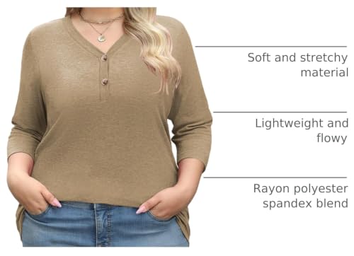 Womens Summer Plus Size 3/4 Length Sleeve Tops Button Down Shirts L-4XL - color: Beige, size: Large