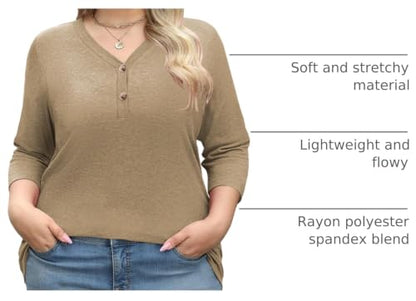 Womens Summer Plus Size 3/4 Length Sleeve Tops Button Down Shirts L-4XL - color: Beige, size: Large