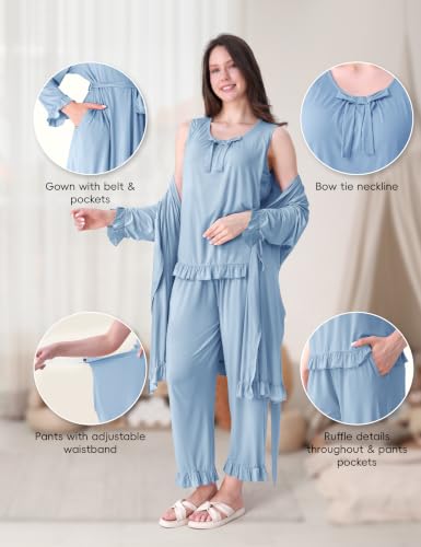 SUNNYBUY 3 PCS Ruffle Maternity Nursing Pajamas Set & Robe for Postpartum - color: Baby Blue, size: Medium