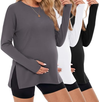 3 Pack Women Maternity Shirts Long Sleeve Pregnancy Tops with Thumb Hole - color: Black/White/Deep Grey, size: X-Large