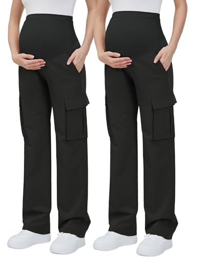 GLAMIX Women's Maternity Cargo Pants with Four Pockets Over The Belly Scrub Pants Pregnancy Clothes - color: Black/Black, size: Small